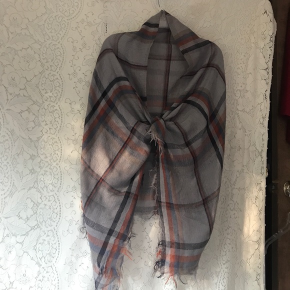 Boho Fringed Shawl Wrap Scarf Gray Rust Navy Plaid - Picture 8 of 12